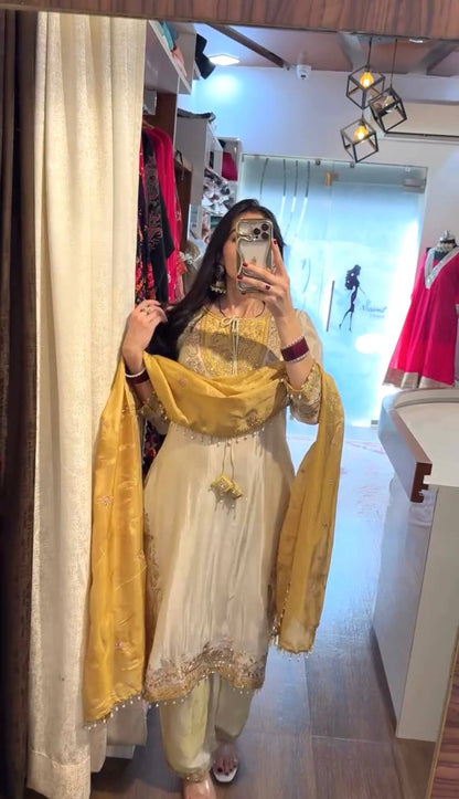 RangBhoomi Ronald Silk Sequin Embroidered Women's Ethnic Suit - Fully Stitched with Lace-Edged Dupatta