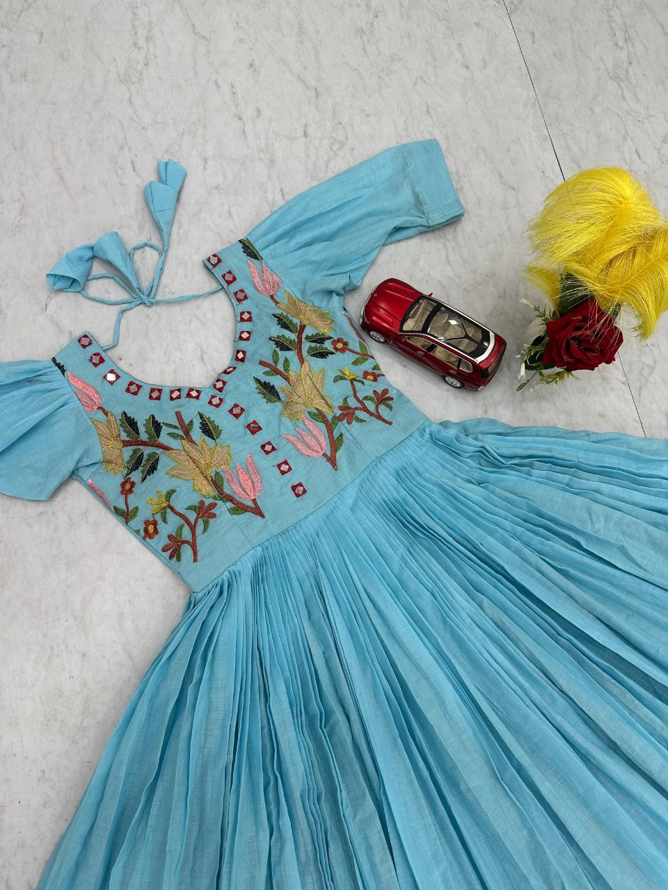 RangBhoomi Exclusive Trending Hand-Embroidered Mal Cotton Gown with Mirror Work, Fully Stitched, Sizes M to 2XL