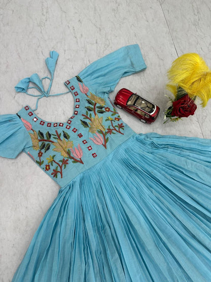 RangBhoomi Exclusive Trending Hand-Embroidered Mal Cotton Gown with Mirror Work, Fully Stitched, Sizes M to 2XL