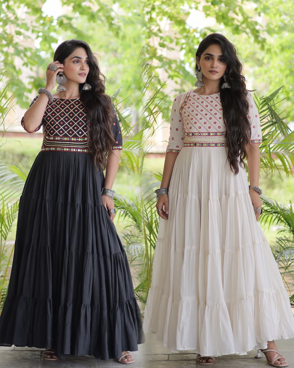 RangBhoomi Navratri Embroidered Kora Cotton Gown — Off-White & Black, 56" Length