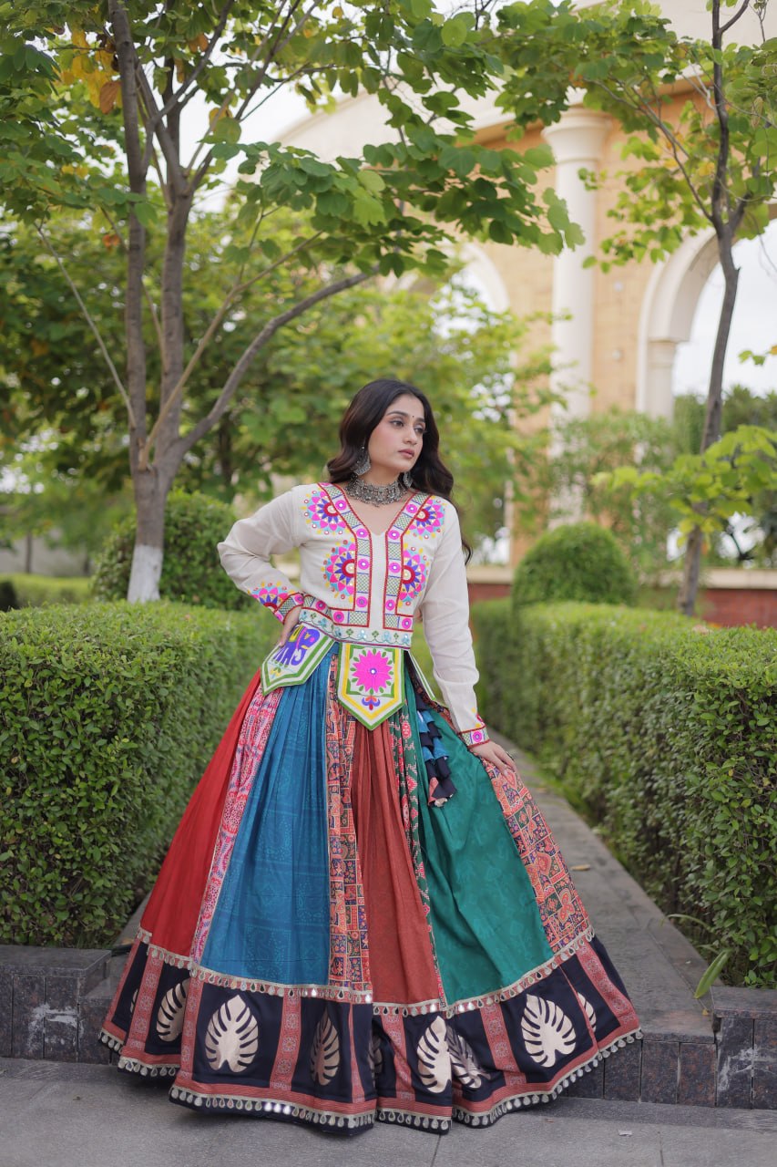 RangBhoomi Navratri Cotton Lehenga Set with Mirror Lace — Full-Stitched Festive Ensemble