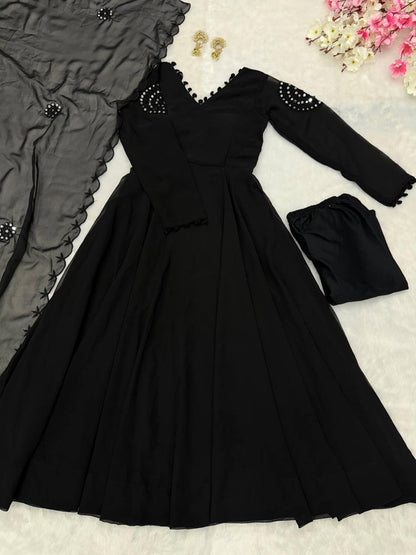 RangBhoomi Black Georgette Anarkali Set with Mirror Embroidery — Eid Special
