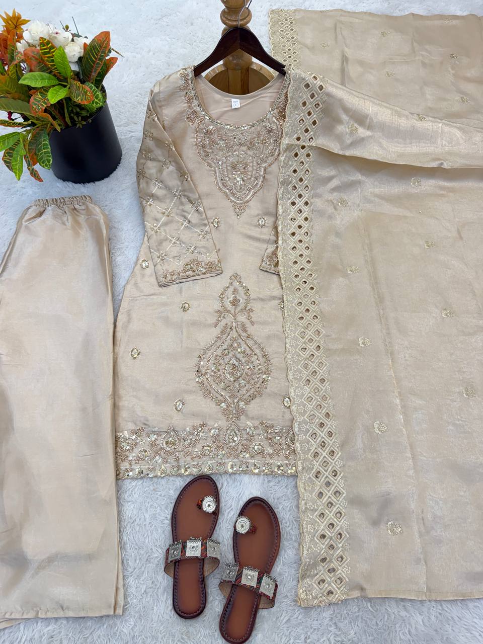 Elegant Designer Party Wear Top, Palazzos, and Dupatta Set with Intricate Heavy Embroidery and Beaded Detailing