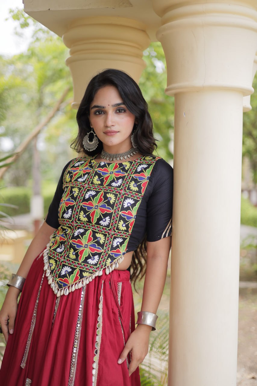 RangBhoomi Navratri Reflective Rayon Lehenga Set with Mirror & Gota Lace (Black, Maroon, White)