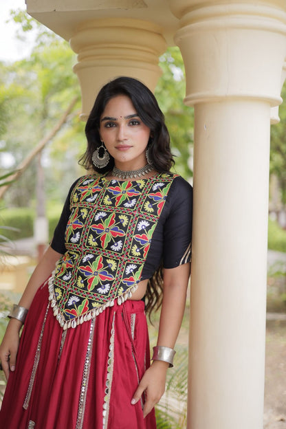 RangBhoomi Navratri Reflective Rayon Lehenga Set with Mirror & Gota Lace (Black, Maroon, White)
