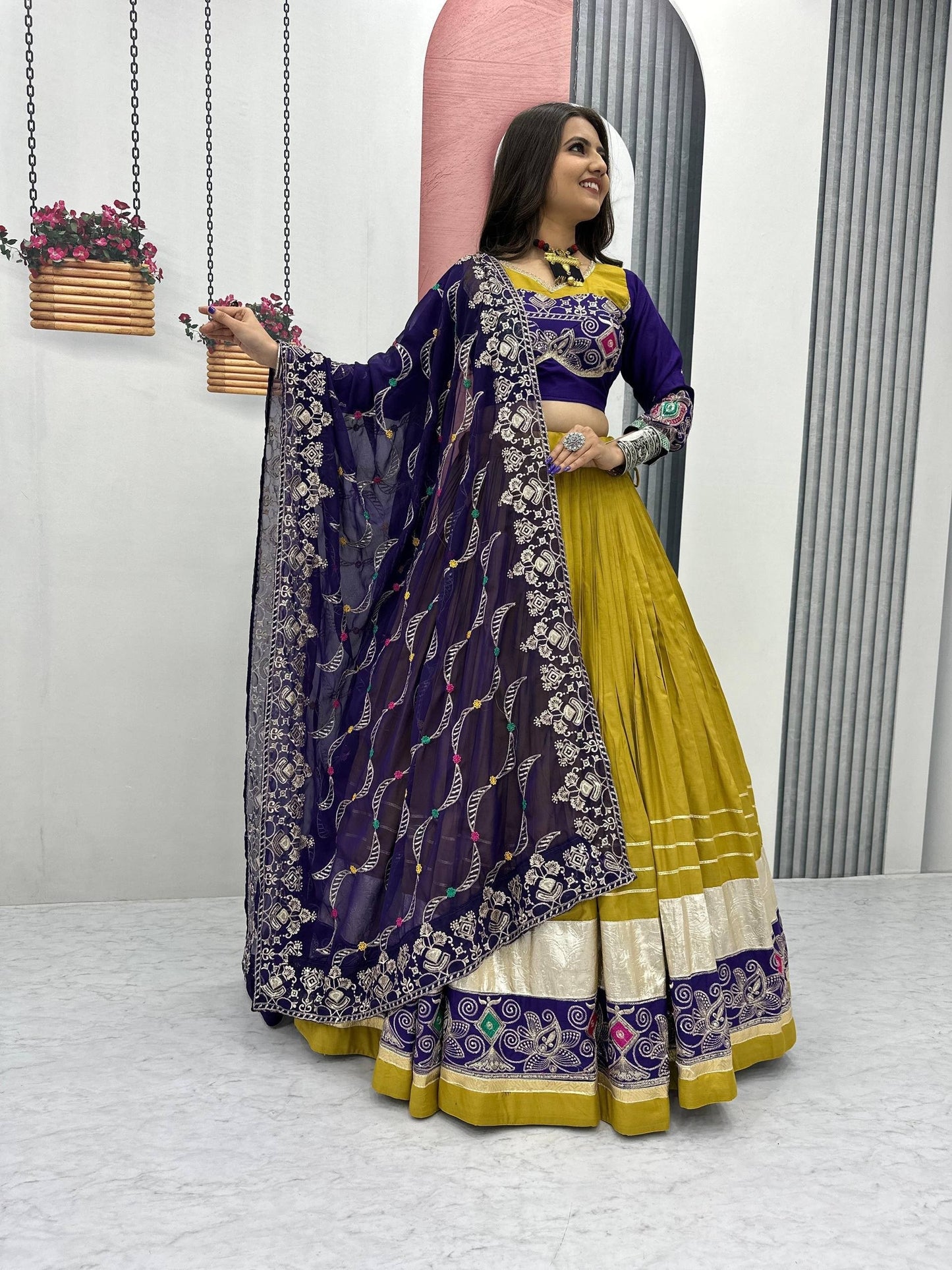 Tapi-252 Pure Cotton Navratri Lehenga Choli - Big Flair 6m, Heavy Embroidery by RangBhoomi