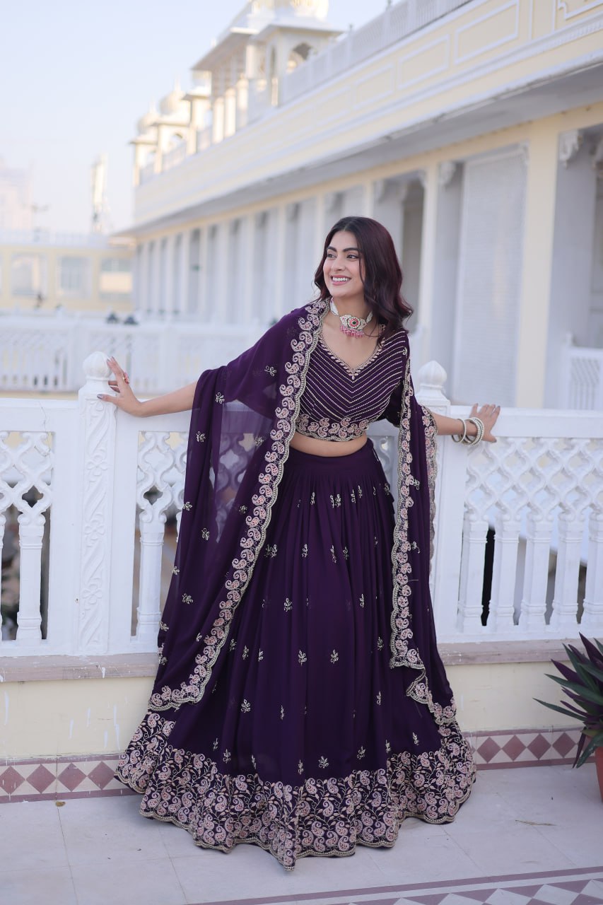 Elegant Lehenga Choli and Dupatta Set with Intricate Sequins and Zari Embroidery