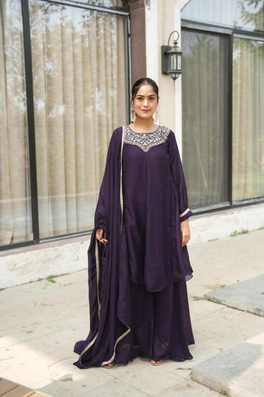 Elegant Traditional Palazzo Suit Set with Embroidered Kurta and Lace-Edged Dupatta