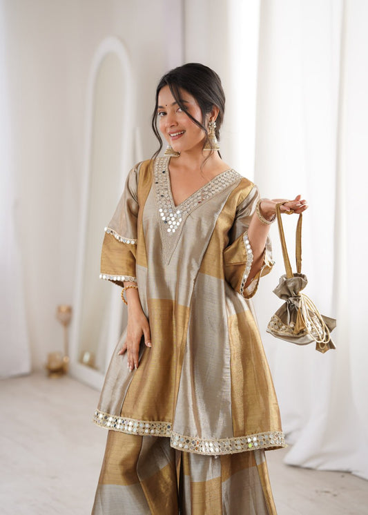 Ready-Made Two-Piece Ensemble with Batwa - Elegant Two-Tone Tissue Fabric with Embroidered and Mirror Work Lace