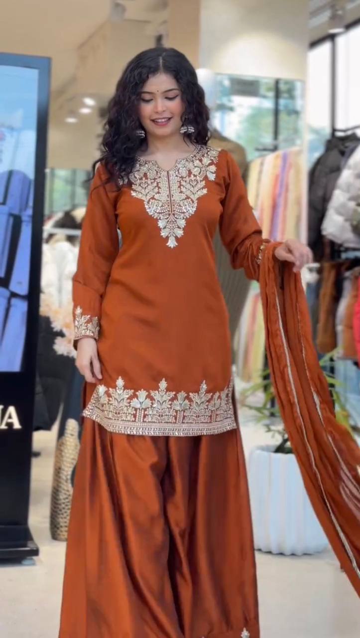 Elegant and Comfortable Wedding Season Suit Set with Sequined Embroidered Top, Palazzo Pants, and Lace-Trimmed Dupatta by RangBhoomi