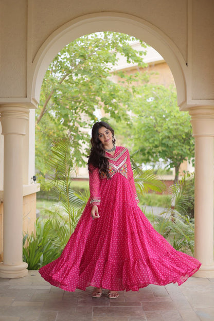 RangBhoomi Bandhani & Kutchi Patchwork Faux Georgette Gown — Navratri Special