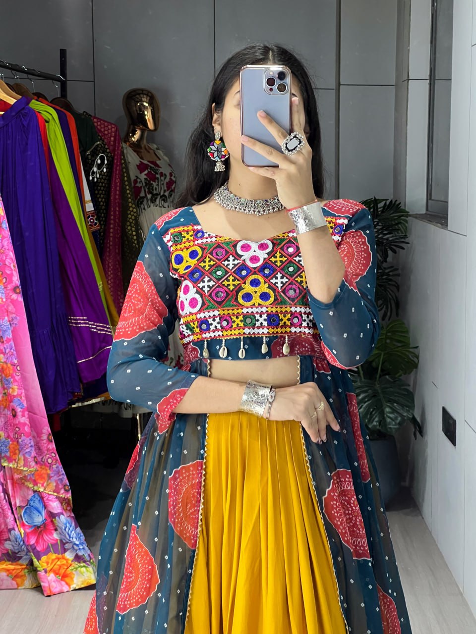 Colorful Bandhani Print Kurtis with Mustard Rayon Cotton Lehenga Sets