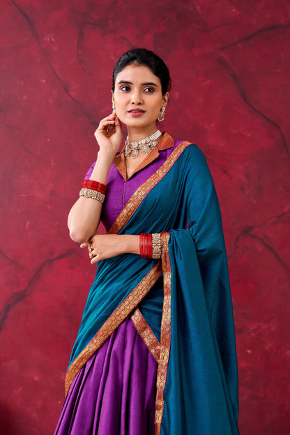 Elegant Narayanpet Cotton Lehenga Set with Zari Weaving Work – Includes Stitched Lehenga, Unstitched Blouse, Crepe Dupatta, Tassels, and Drawstring Belt