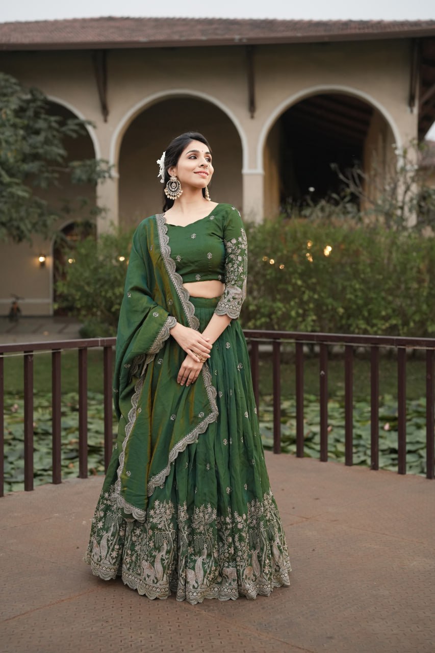 Elegant Olive Green Embroidered Lehenga Set for Festive and Wedding Celebrations