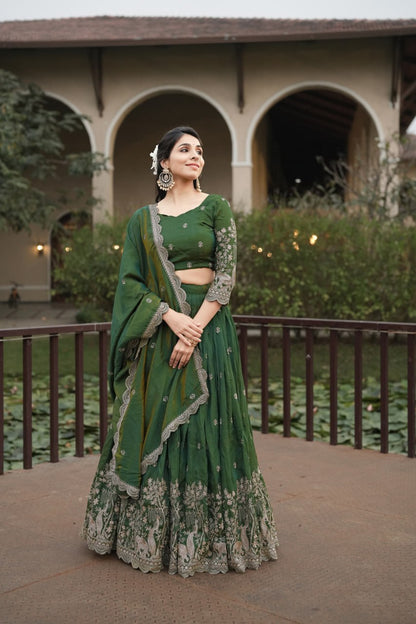 Elegant Olive Green Embroidered Lehenga Set for Festive and Wedding Celebrations