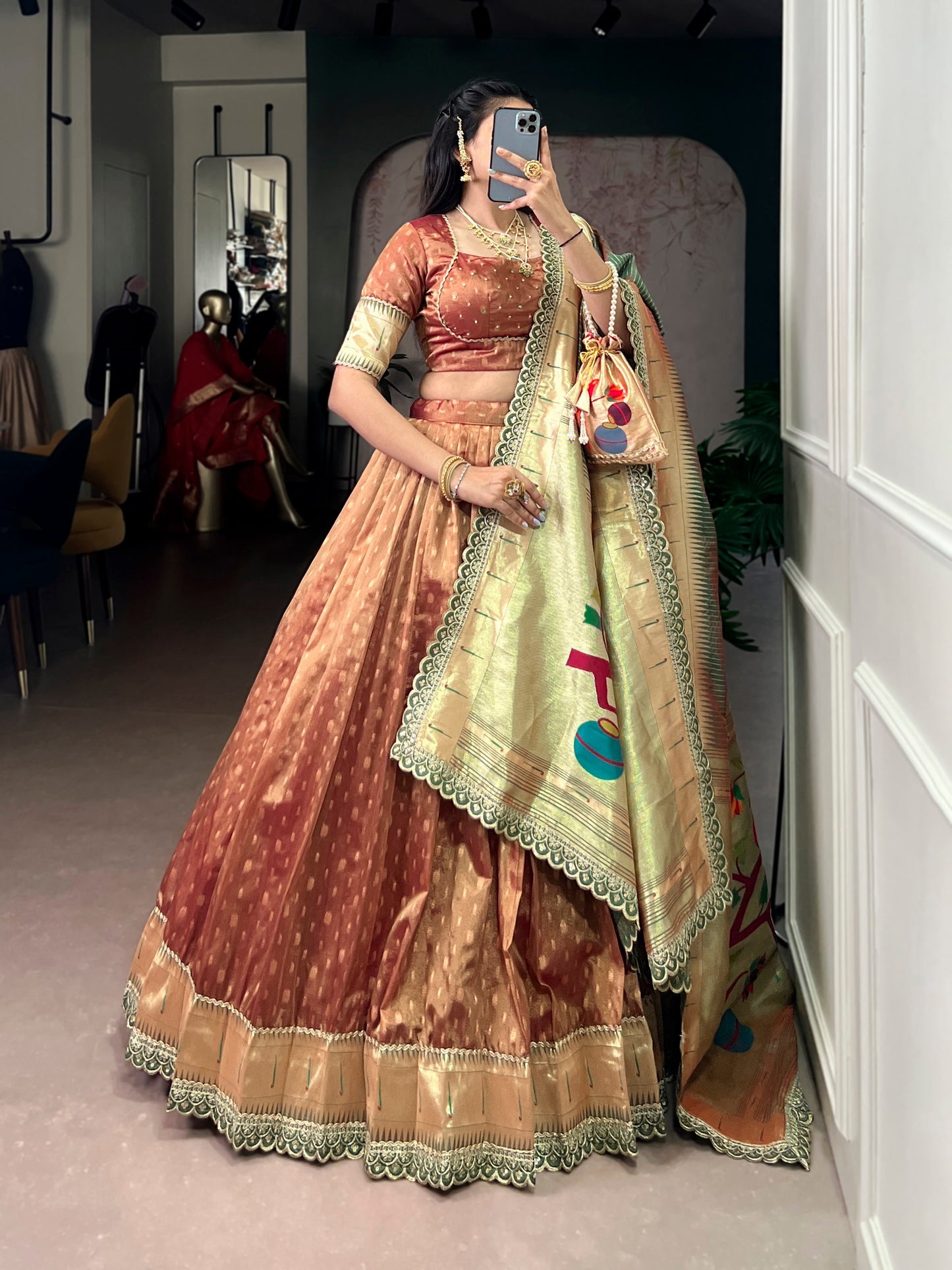 Paithani Lehenga Choli Ensemble 2026 - Shimmering Organza with Zari Weaving and Jacquard Silk Dupatta