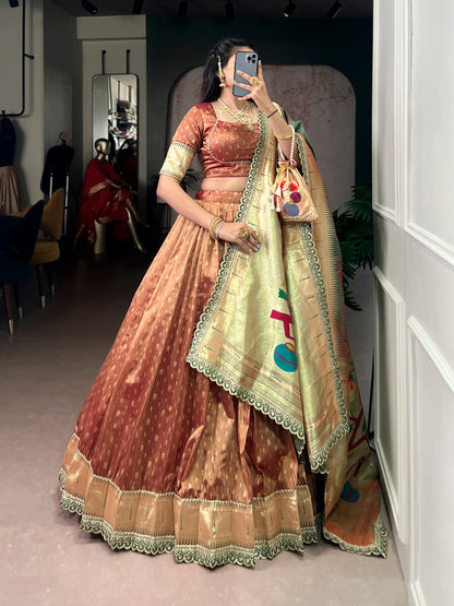 Paithani Lehenga Choli Ensemble 2026 - Shimmering Organza with Zari Weaving and Jacquard Silk Dupatta
