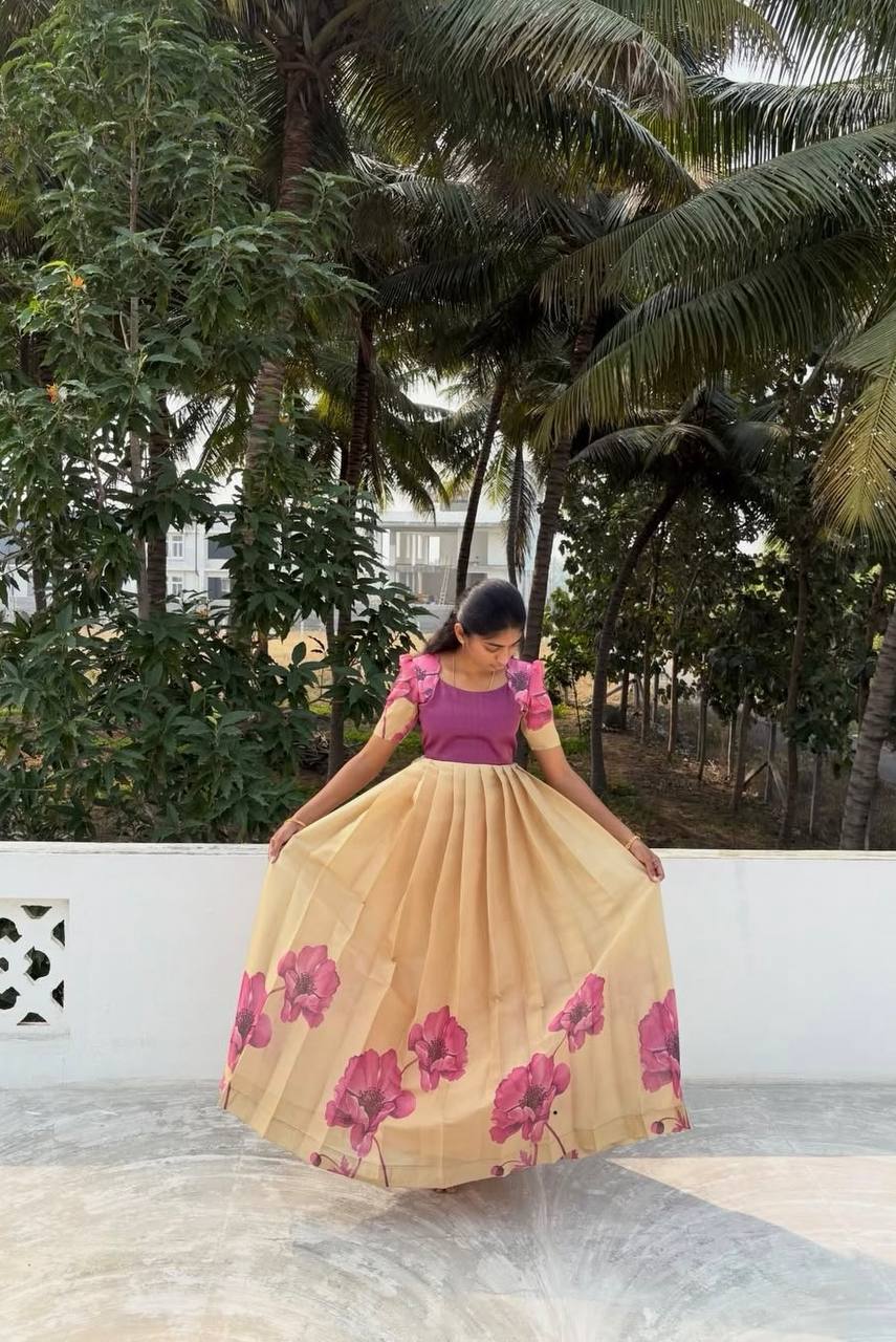 Elegant Floral Printed Silk Gown – Add a Glamorous Touch to Your Festive Wardrobe