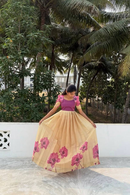 Elegant Floral Printed Silk Gown – Add a Glamorous Touch to Your Festive Wardrobe