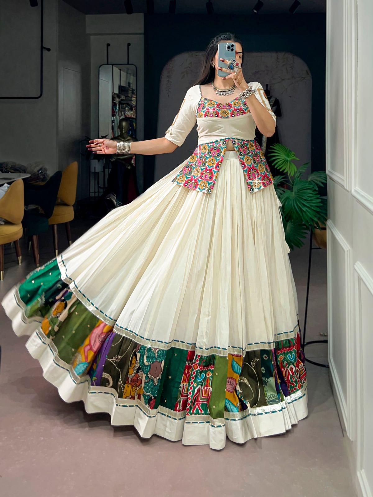 RangBhoomi Khadi Cotton Navratri Lehenga with Multicolor Panel Borders and Gamthi Blouse