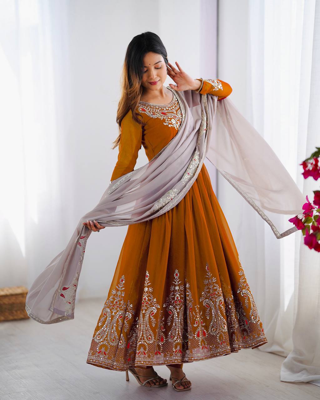 RangBhoomi Heavy Designer Party Wear Gown with Dupatta — Full-Sleeve Embroidered Georgette