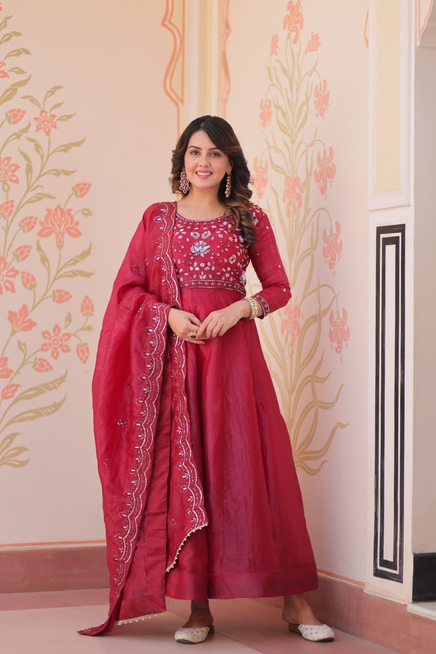 Elegant Gold Crush Embroidered Gown and Designer Dupatta Set