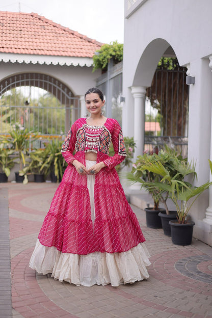 RangBhoomi Kora Cotton Lehenga & Faux Georgette Kurti Set - Full-Stitched, Frilled Lehenga, Laheriya Print Kurti