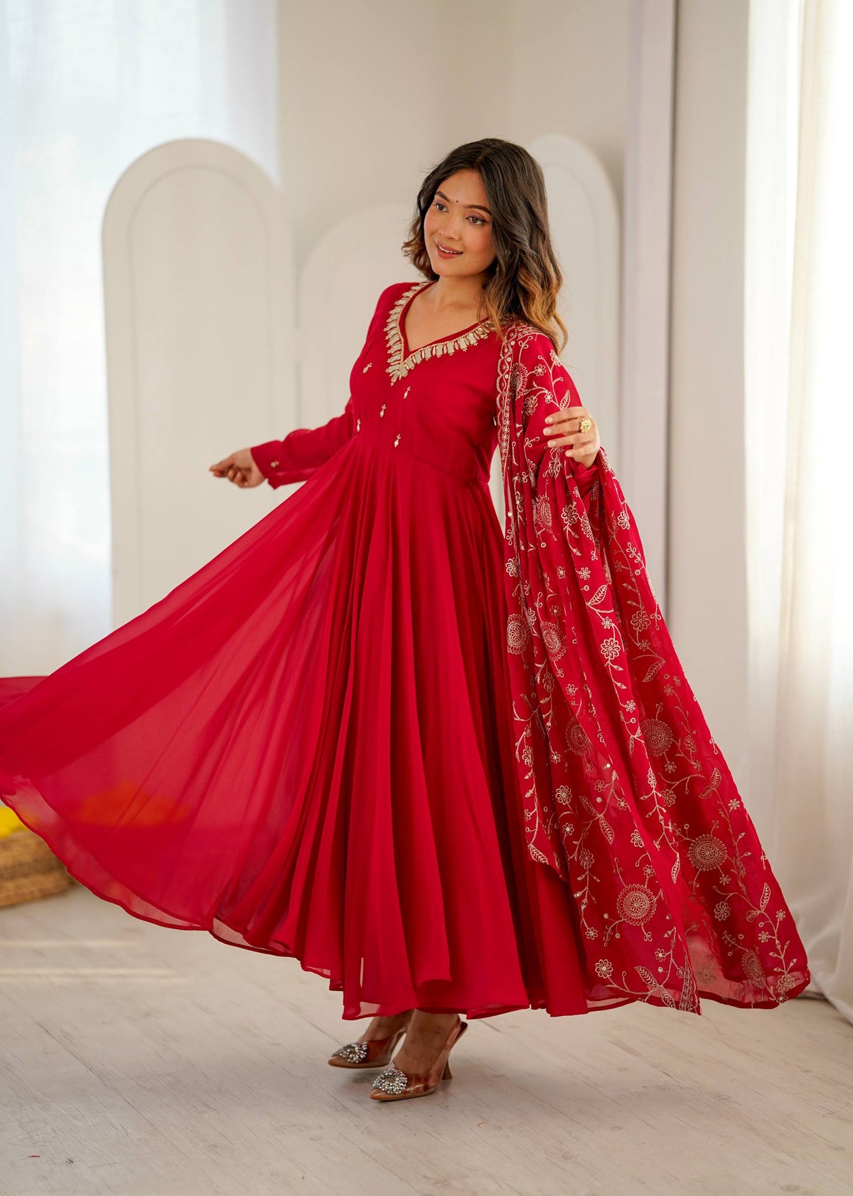 RangBhoomi Elegant Embroidered Mirror Anarkali Three-Piece Gown Set