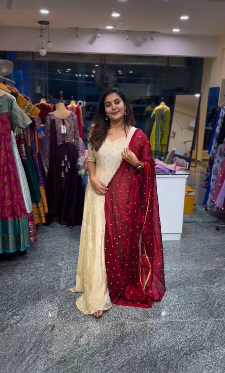 Model wearing Red Victoria Suit Set with embroidered dupatta.