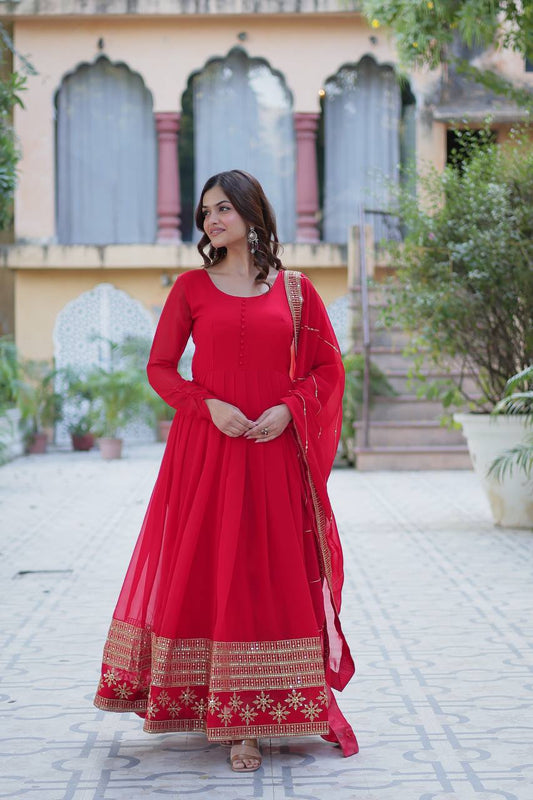 Embroidered Faux Blooming Gown with Dupatta