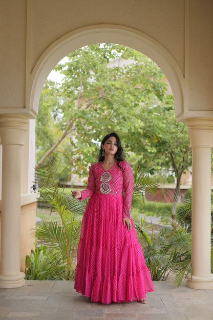 RangBhoomi Navratri Gown 2026 – Laheriya Print with Kutchi Patchwork, Faux Georgette Lined Cotton, Full Sleeve, 56 Inch Length