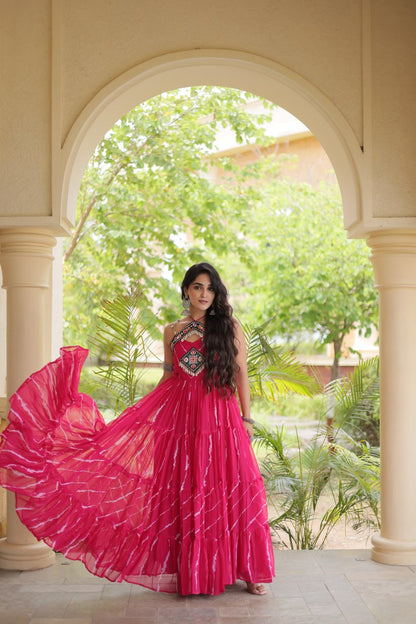 RangBhoomi Navratri Laheriya Patchwork Faux Georgette Gown - Sleeveless 56" Length, L (Adjustable 38-44)