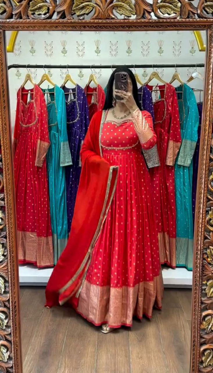 Elegant New Jacquard Gown with Fox Georgette Dupatta – Fully Stitched, Comfortable Fit