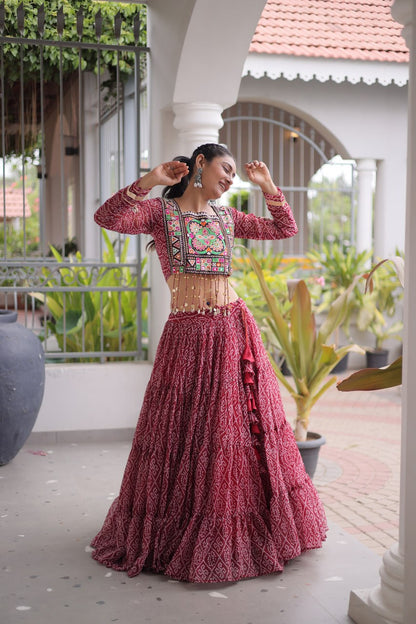 RangBhoomi Bandhni Faux Georgette Full-Stitched Lehenga Set with Designer Square Neck Blouse