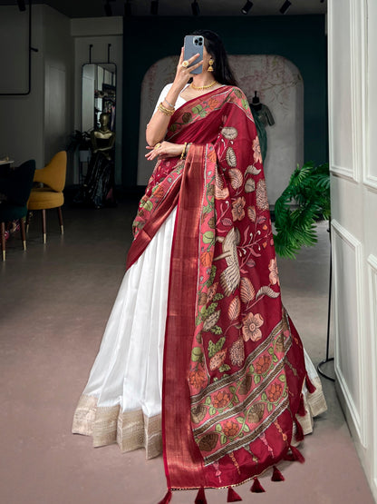 RangBhoomi White Poly Kanjivaram Lehenga with Kalamkari Tasar Dupatta