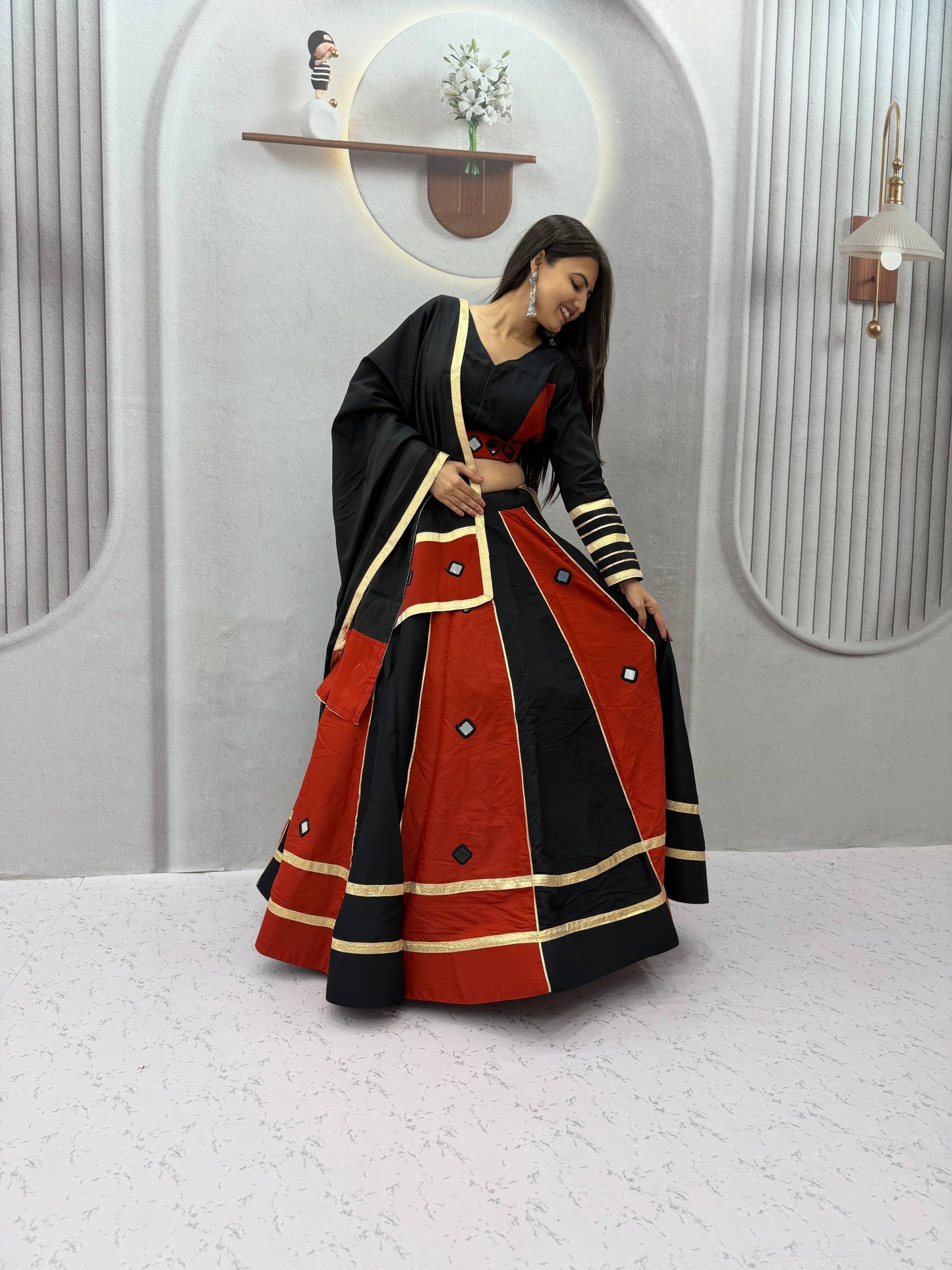 RangBhoomi Navratri Mirror-Work Roman Silk Lehenga Choli - 6+ Meter Flair