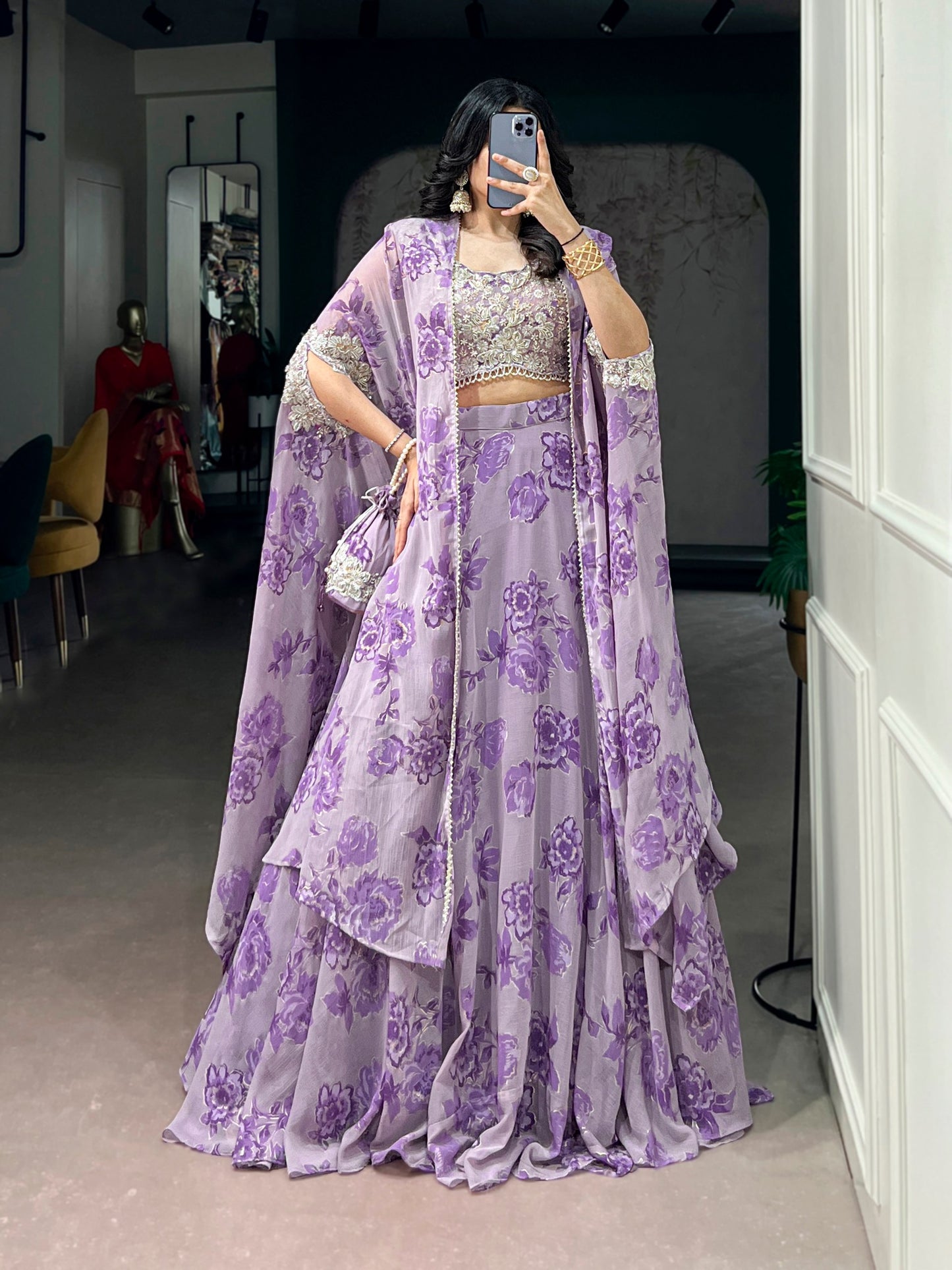 RangBhoomi Pastel Cape Style Lehenga - Ready-to-Wear Embroidered Set