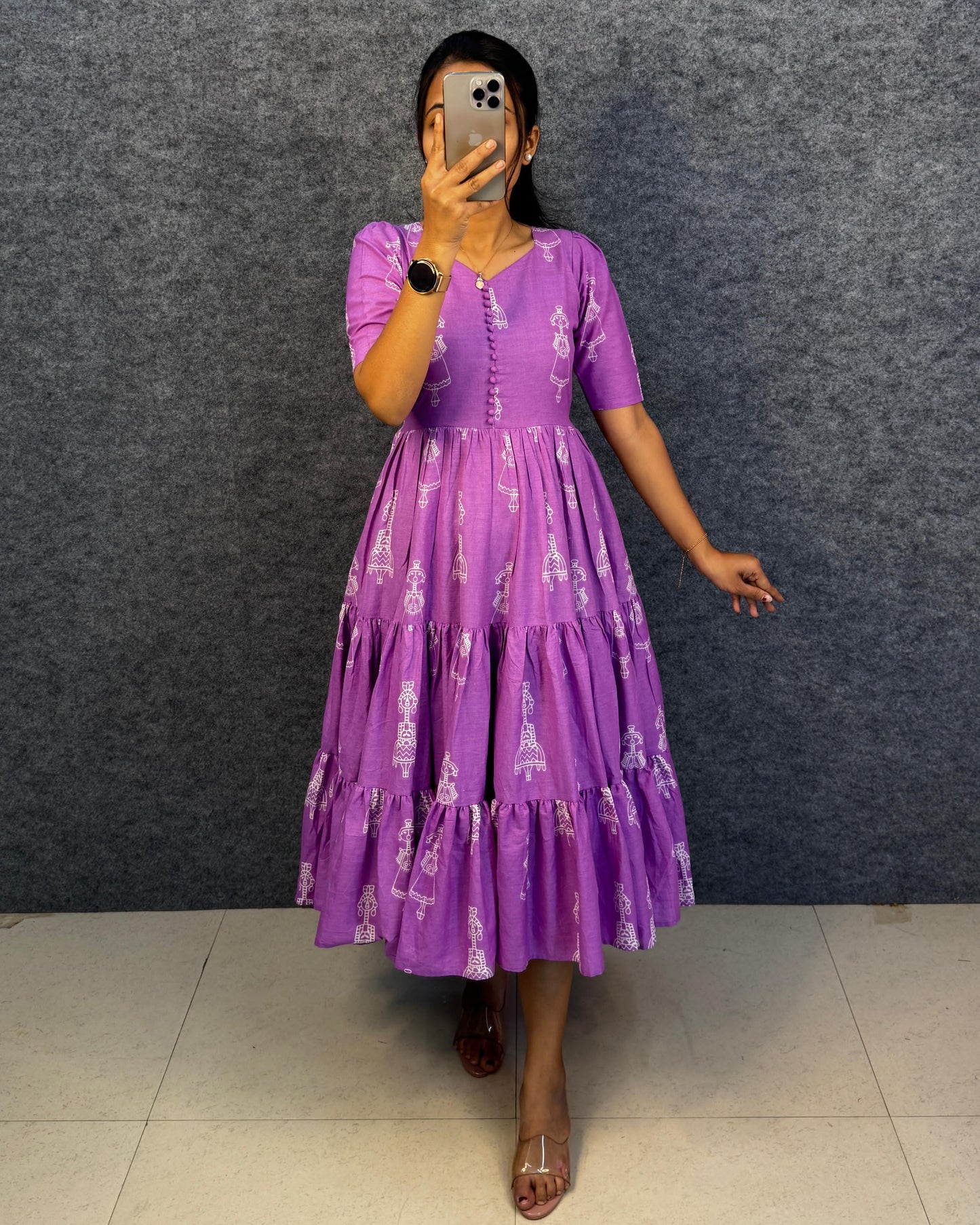 RangBhoomi Exclusive Hand-Block Printed Pure Cotton Warli Art Maxi Gown with Side Pocket