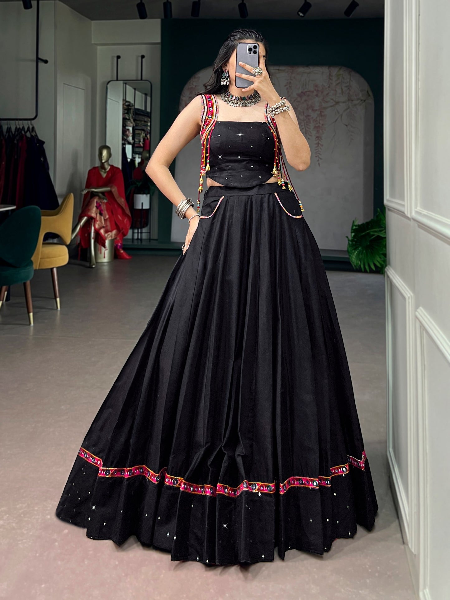 RangBhoomi Black Cotton Mirror-Work Lehenga for Navratri — 5m Flair with Multicolor Tassels