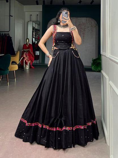 RangBhoomi Black Cotton Mirror-Work Lehenga for Navratri — 5m Flair with Multicolor Tassels