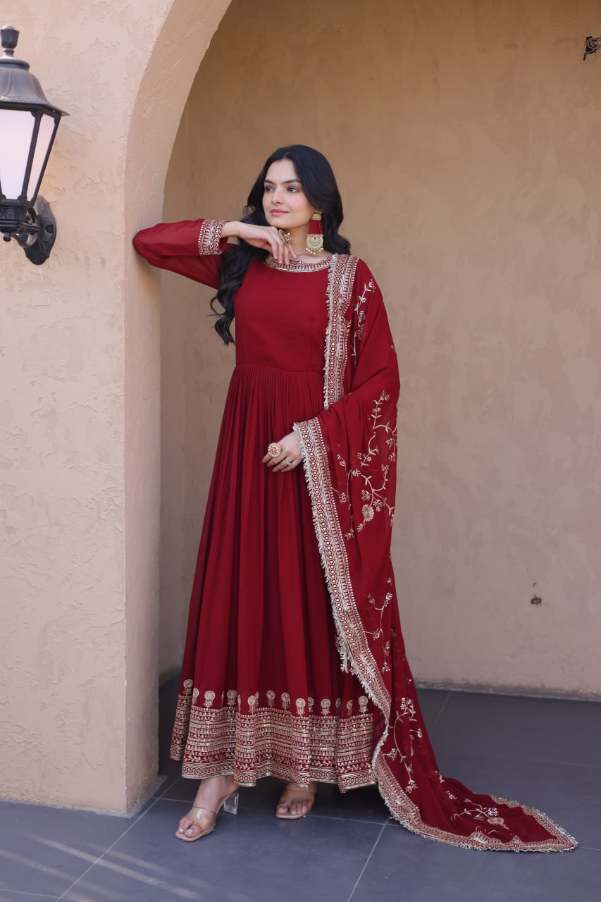 RangBhoomi Premium Maroon Embroidered Faux Blooming Ready‑Made Gown with Dupatta