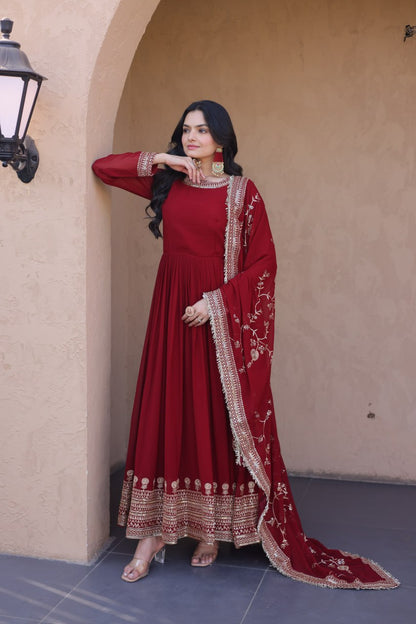 RangBhoomi Premium Maroon Embroidered Faux Blooming Ready‑Made Gown with Dupatta