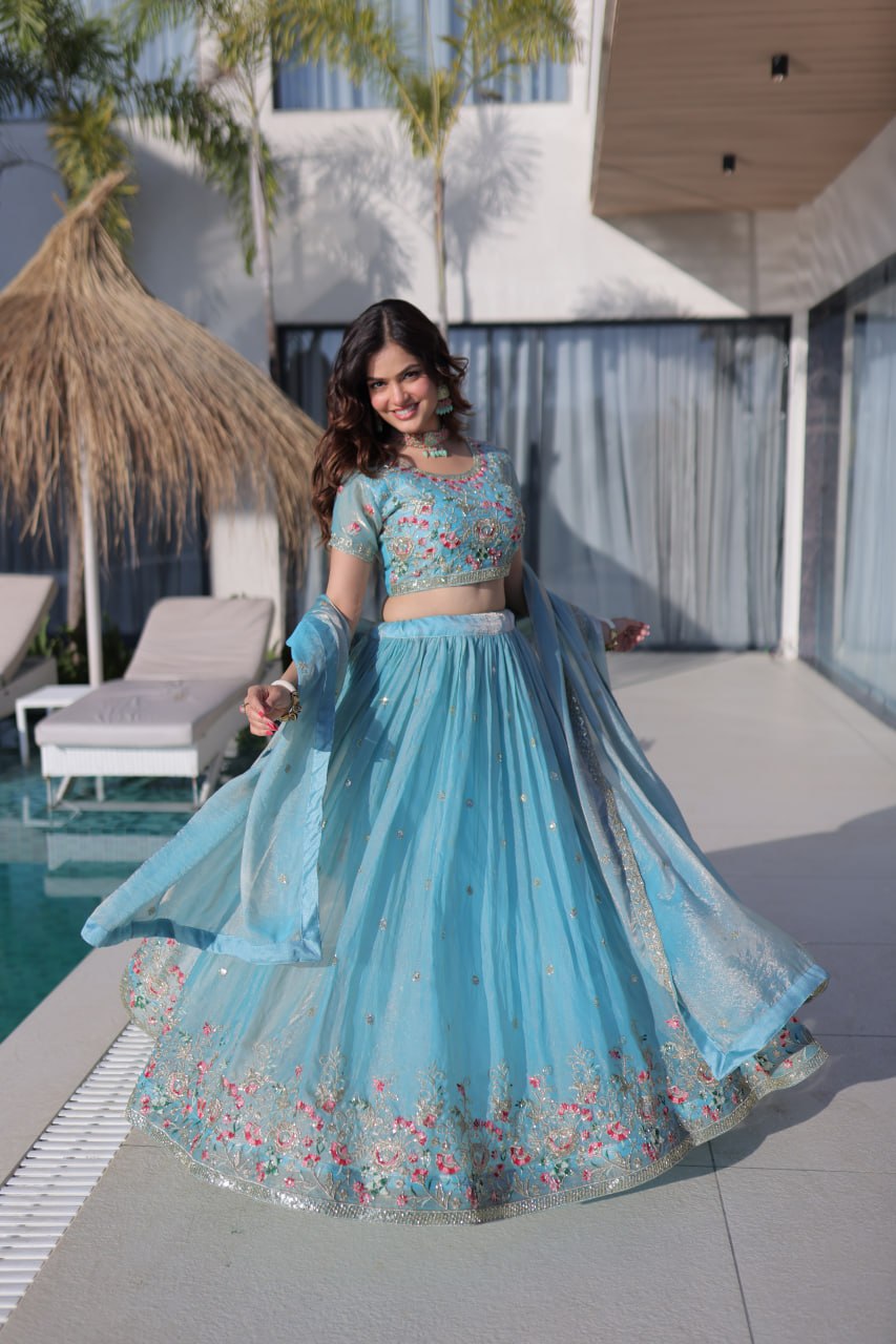 Elegant Lehenga Choli and Dupatta Ensemble in Fendi Silk with Multi-Thread Embroidery
