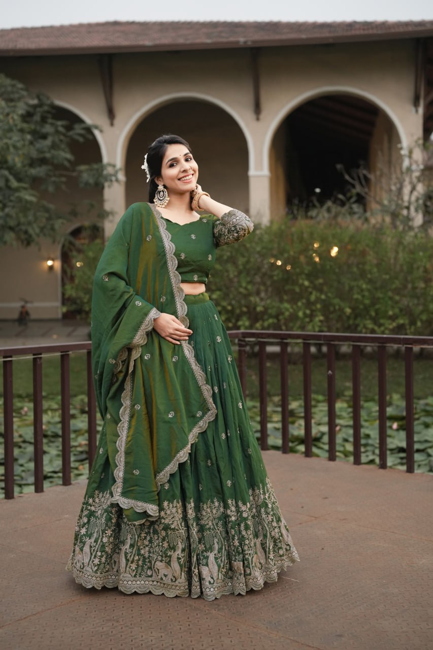 Elegant Olive Green Embroidered Lehenga Set for Festive and Wedding Celebrations