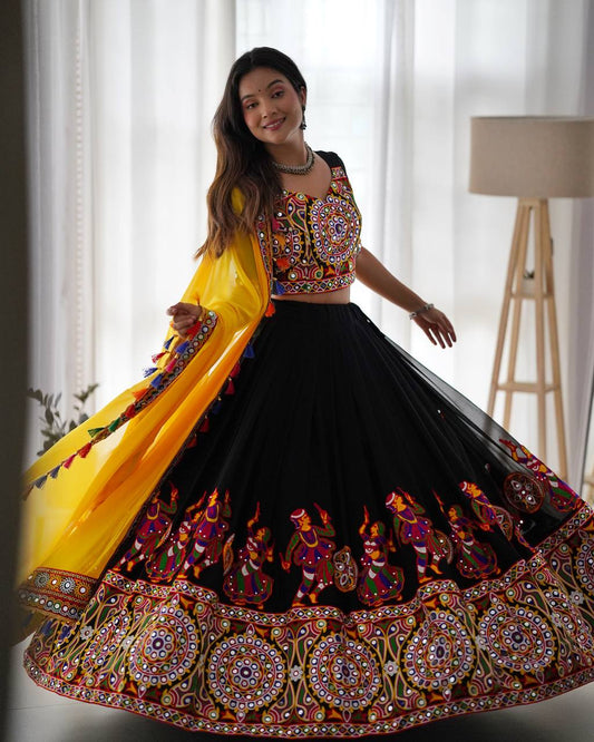 RangBhoomi Elegant Faux Georgette Mirror-Work Lehenga Set for Festive Celebrations