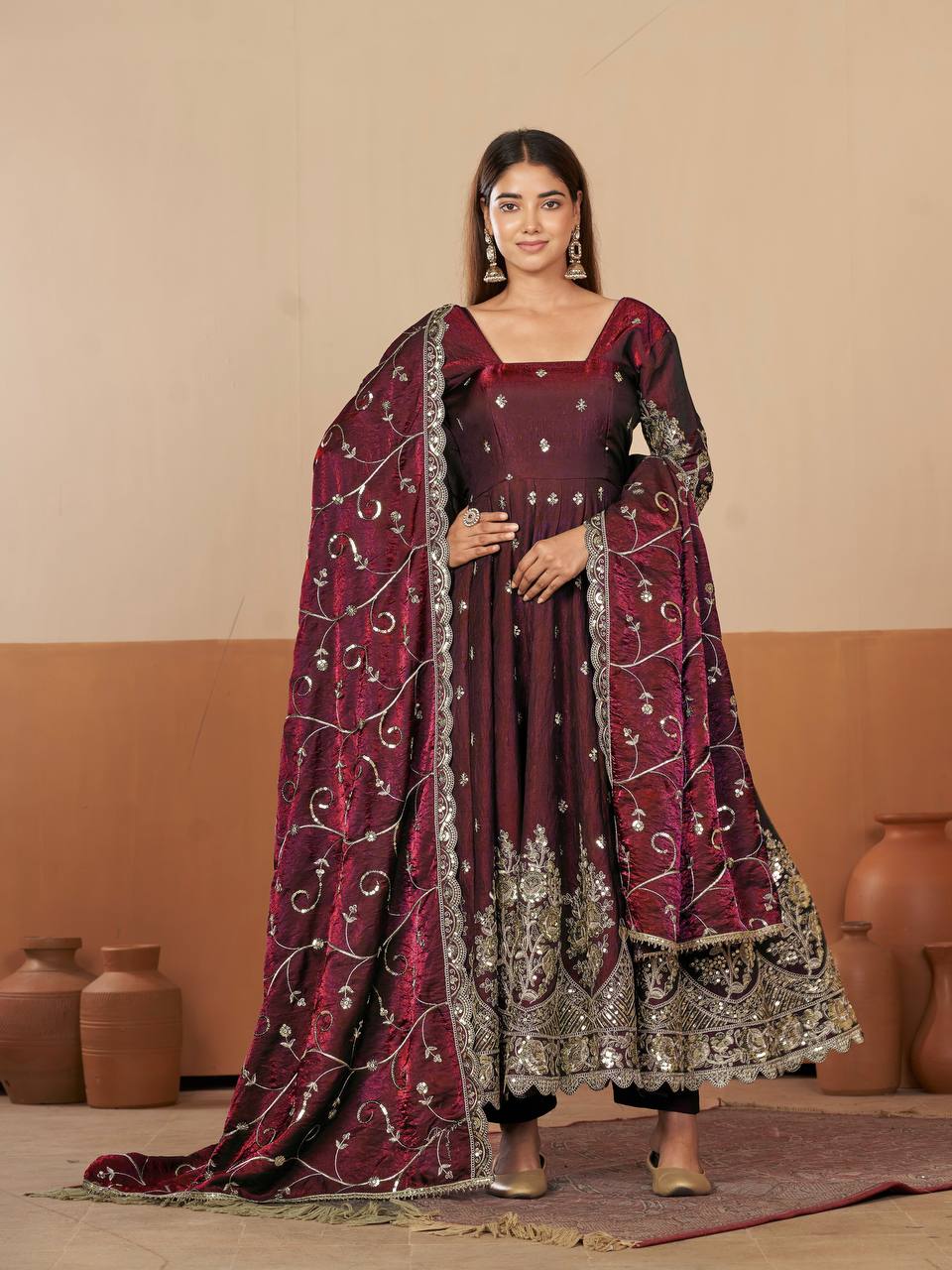 RangBhoomi Designer Party Wear Gown Set — 10 Colors, Heavy Jelly Shimmer Silk, Fully Stitched Embroidered Gown with Dupatta & Micro-Cotton Pant