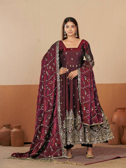 RangBhoomi Designer Party Wear Gown Set — 10 Colors, Heavy Jelly Shimmer Silk, Fully Stitched Embroidered Gown with Dupatta & Micro-Cotton Pant