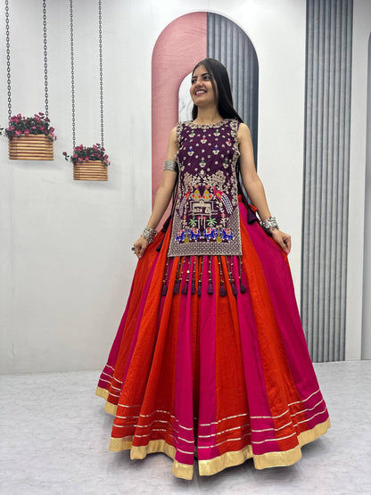 RangBhoomi Elegant Navratri Special Vichitra Silk Lengha Choli with Heavy Thread and Sequence Work Shrug