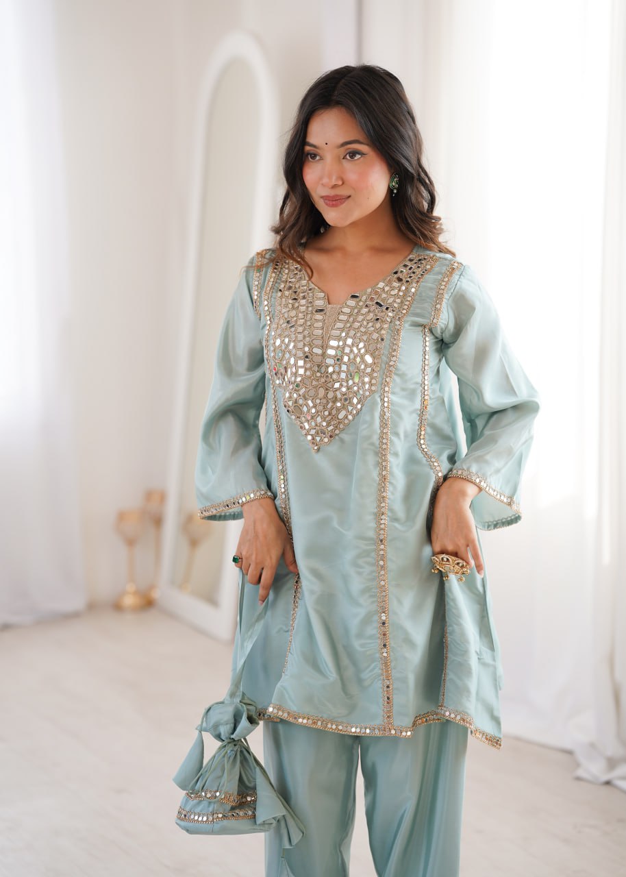 Ready-to-Wear Kurti and Pant Set with Decorative Drawstring Bag - Mirror Embroidered Collection 2026
