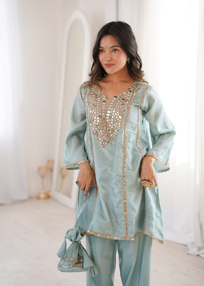 Ready-to-Wear Kurti and Pant Set with Decorative Drawstring Bag - Mirror Embroidered Collection 2026